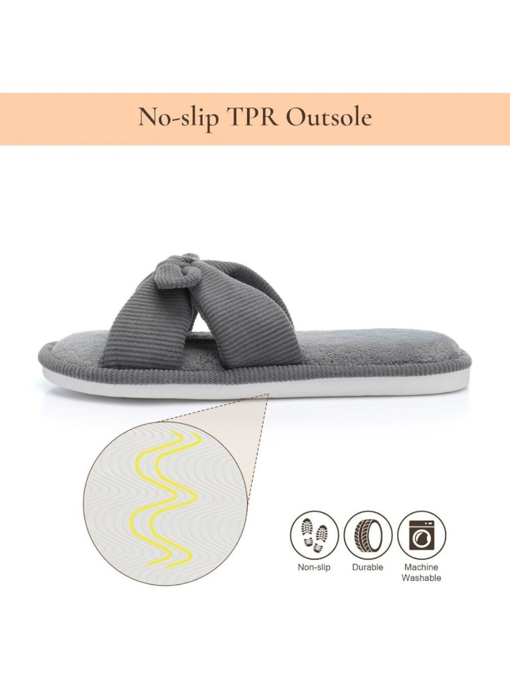 Women's Grey Memory Foam Indoor Corduroy Crossband Open Toe Bow Slipper Shoes - Picture 5 of 6